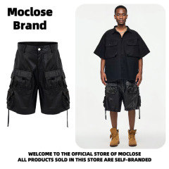 Mocloseアメリカ式高街春夏ダークブラックコーティング男女モデル多ポケットゆるい機能工装五分半ズボン
