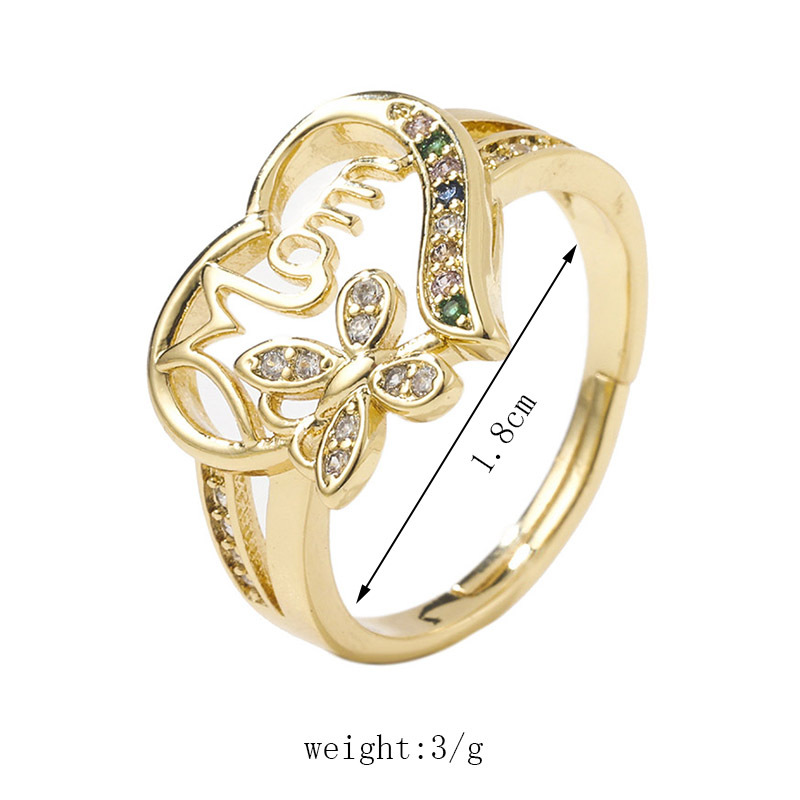Fashion Mama Letter Heart Shape Butterfly Copper Inlaid Gold Artificial Gemstones Open Ring display picture 1