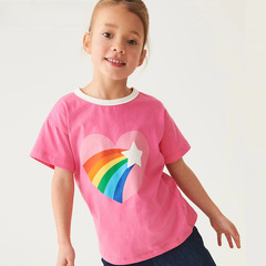 24 Summer New Girls' T-shirt with Love Rainbow Print Children's Cotton Sports Top Baby Crew Neck Short Sleeve Top