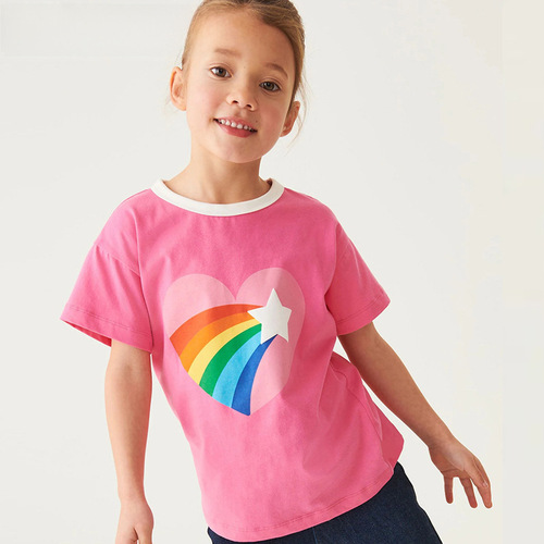 24夏季新款女童T恤爱心彩虹印花儿童棉质运动衫宝宝圆领短袖上衣