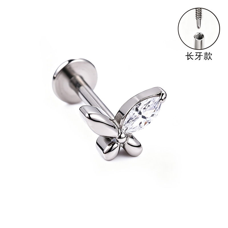 F136 Titanium Alloy Long Tooth Style Ear Studs with Zircon, Carved Ear Bone Studs, G23 Titanium Body Piercing Jewelry detail image 7