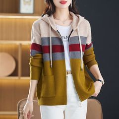 拼色连帽针织开衫女外搭上衣2025年新款女士条纹毛衣外套秋冬外套