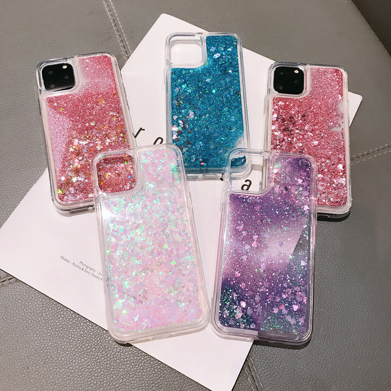 Suitable for Iphone16 Pure Color Heart Quicksand Mobile Phone Case Apple 17Pro Max Liquid 15/14 Slider Soft Cover