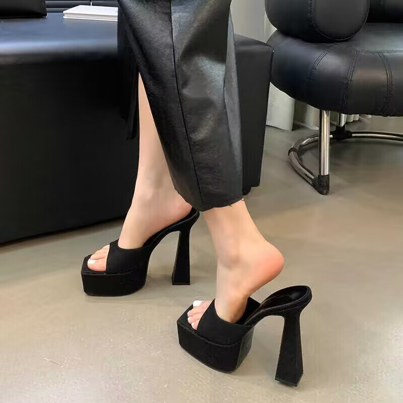 15cm Super High Heel Block Heel Waterproof Platform Square Head High Heel Sandals and Slippers Model Show Banquet Shoes Sexy Fashion