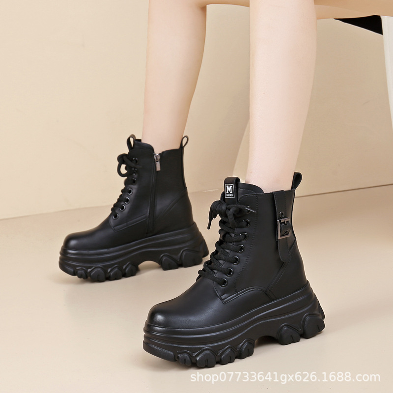 Inner Heightened Martin Boots Women's Thick-soled Short High-heeled Short Boots Wedge-heeled Comfortable Single-layer Boots Women's Winter fleece-lined Leather Boots for Women