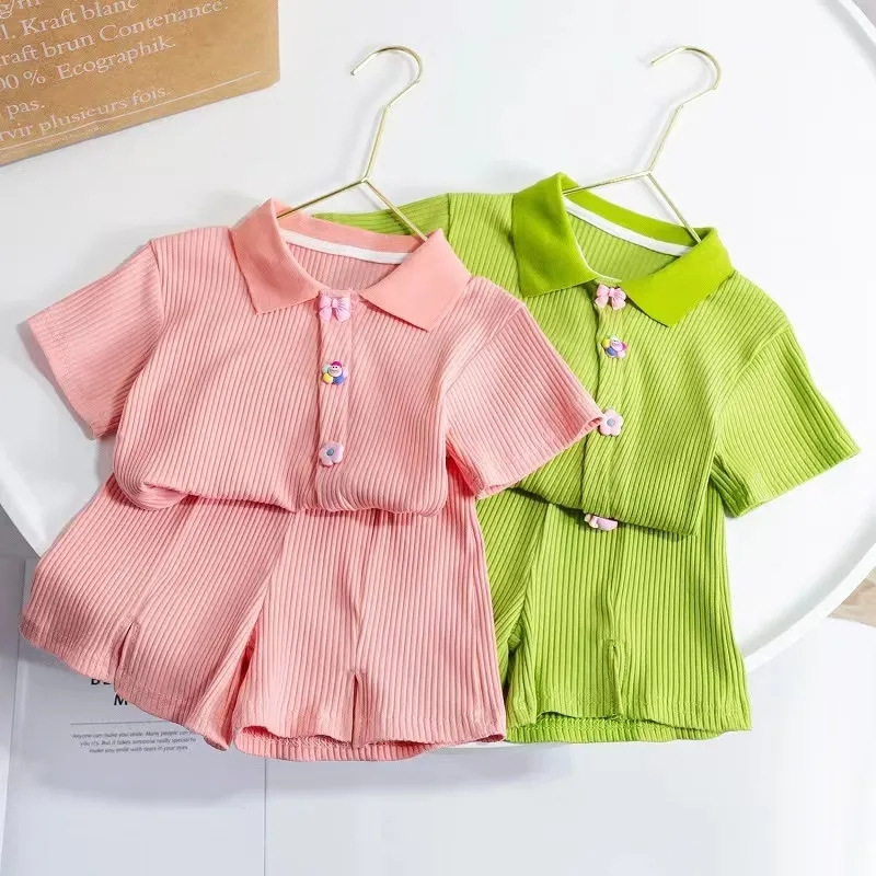 Vestido de verano para niñas 2024 nueva moda de Internet rojo niña bebé hielo seda manga corta rebeca POLO pantalones cortos casuales delgados dos