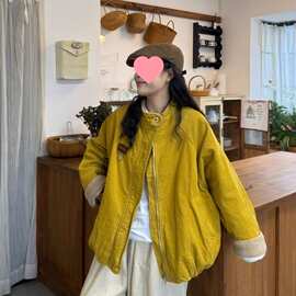 多巴胺黄色立领拉链长袖棉服女装秋冬季新款宽松显瘦加厚外穿上衣