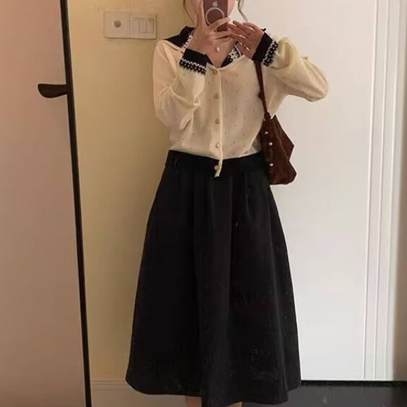 锦倩“航海系女生”海军领优雅复古开衫撞色袖口羊毛针织毛衣上衣|undefined
