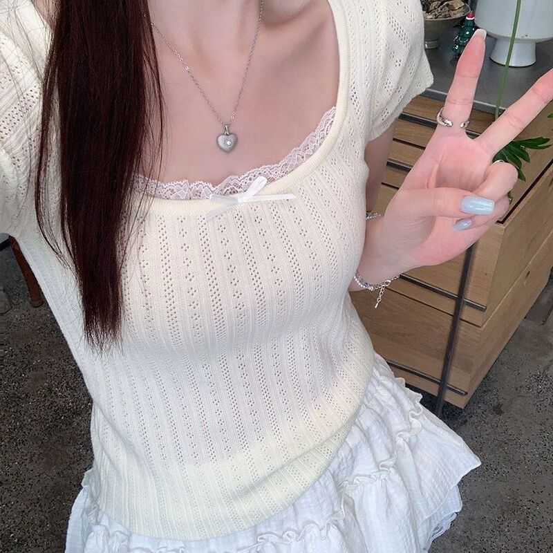 Korean-Style Blue Knitted Short-Sleeve T-Shirt for Women, Summer 2026 New Thin Lace Hollow-Out Square-Neck Short Top