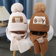 A秋冬子供帽子熊毛糸帽女の子ニット綿保温赤ちゃん帽子マフラー2点セット
