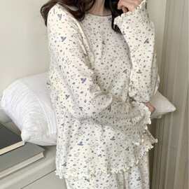 韩国ins女士春秋新品韩系韩版小兔针织提花圆领家居服睡衣套装女