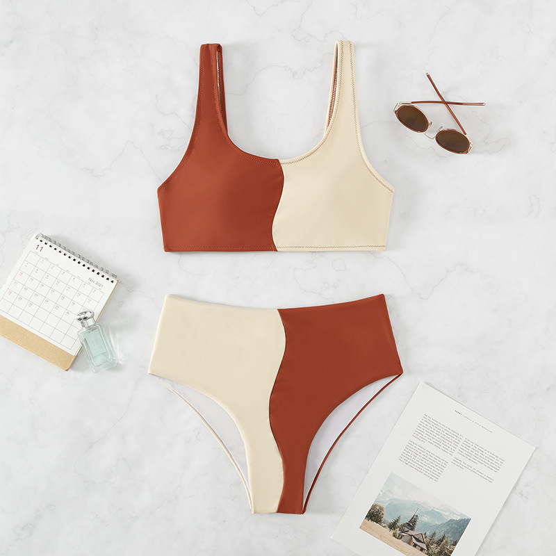 Bikini set donna a vita alta color block due pezzi sexy costume mare_voghion.com