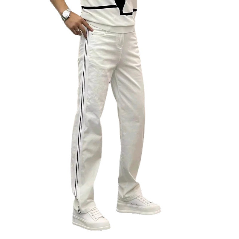 Otoño nuevos pantalones vaqueros elásticos de moda para hombres Pantalones rectos sueltos de cinta lateral juvenil pantalones de pierna ancha lavados versátiles