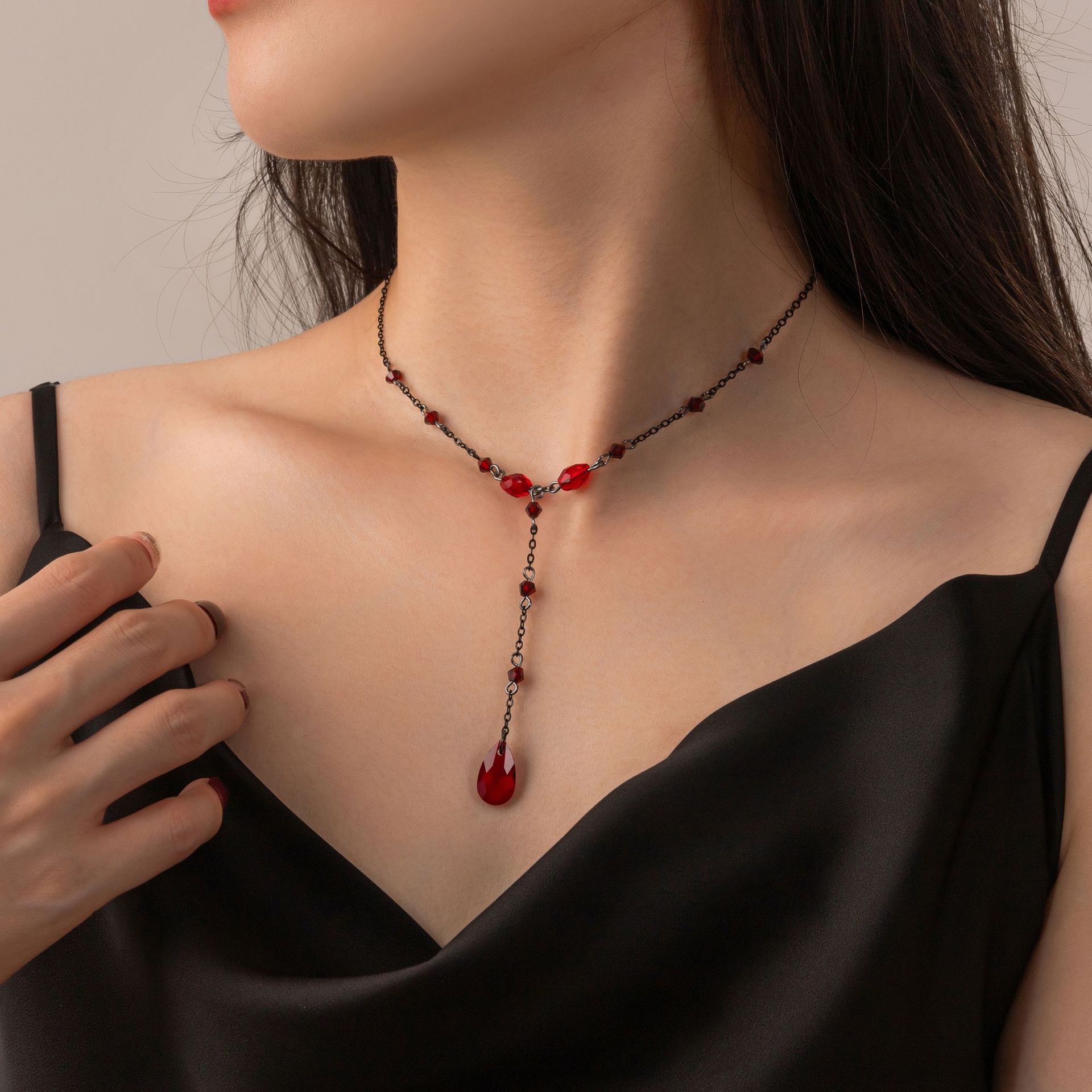 Cross-border European and American Jewelry Retro Gothic Blood Drops Tassel Necklace Women's Sacred Blood Drops Metal Color Collar