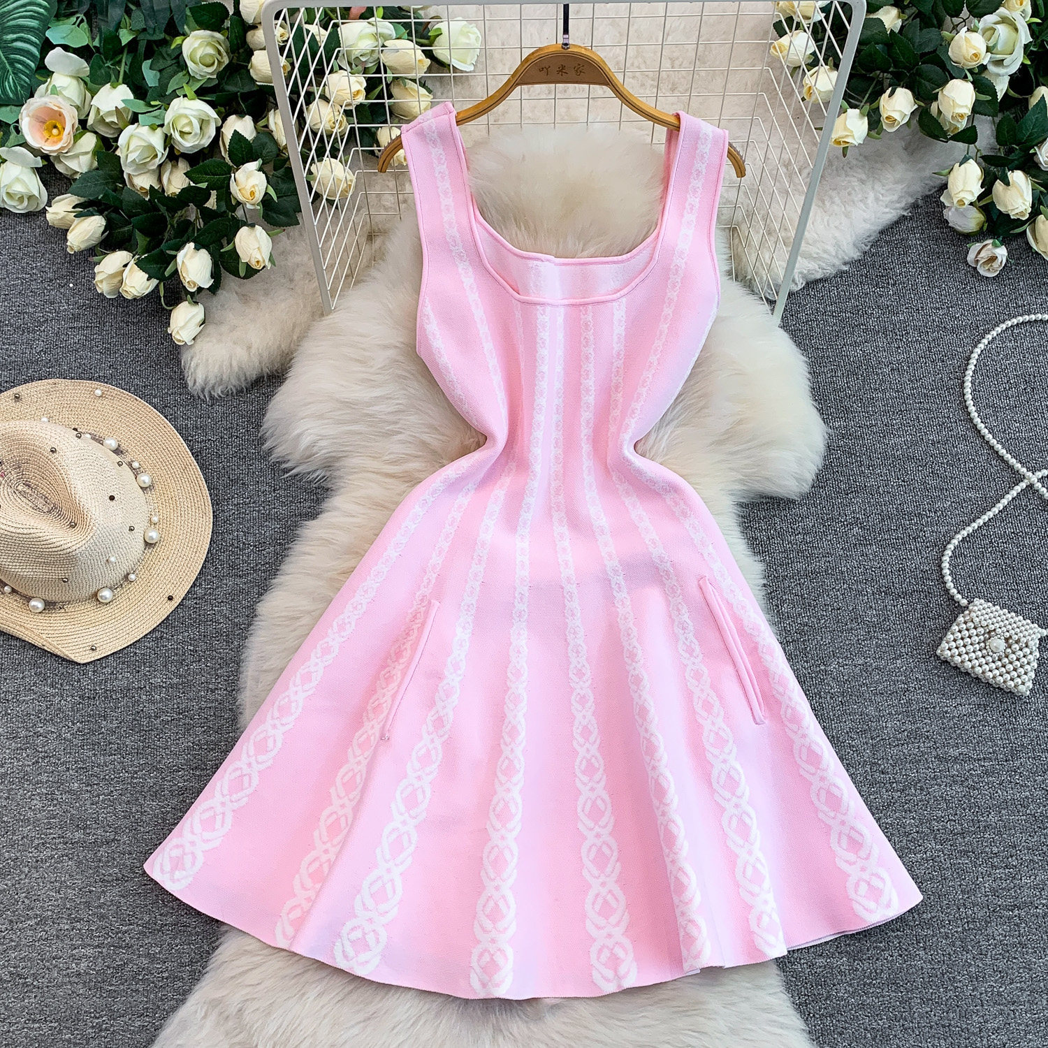 Luxury Petite Embroidered Knit Dress for Women Elegant Slimming A-Line Slip Summer Style Striped Charm_ecoleips.com