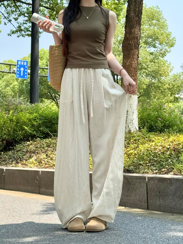 原麻色亚麻阔腿裤女夏季薄款胖妹妹遮肉显瘦垂感松紧腰棉麻休闲裤|undefined