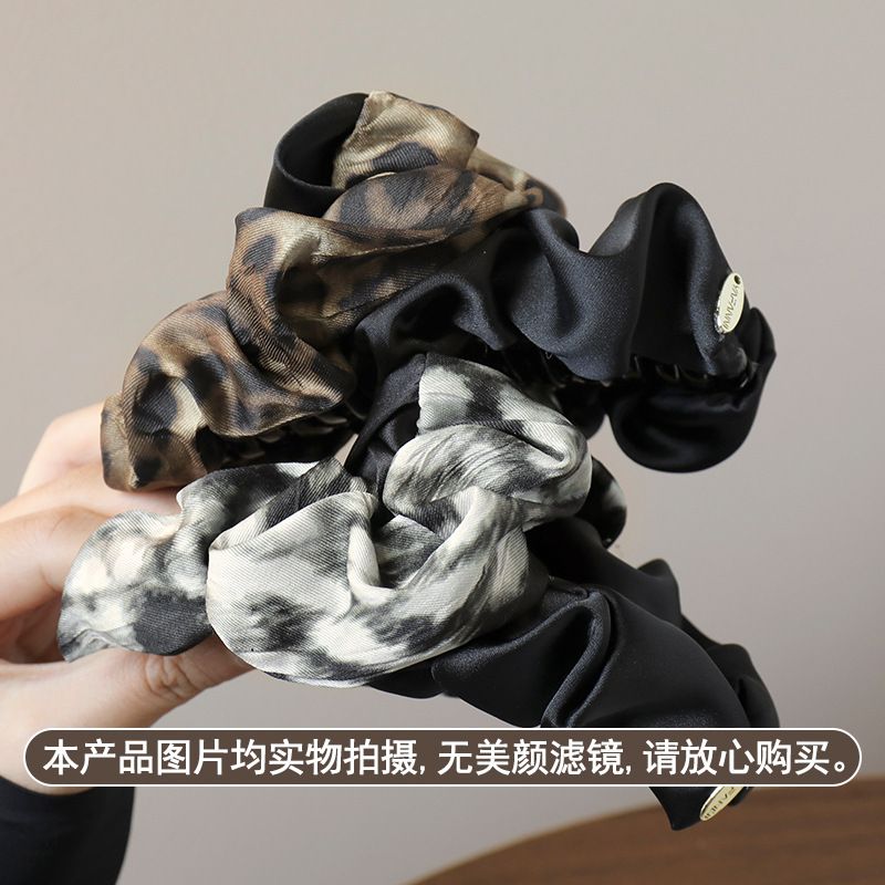韓国風高級サテンプリーツスプライシングヒョウ柄ヘアクリップ女性用後頭部半分ヘアカチューシャシャーククリップLサイズ新品|undefined