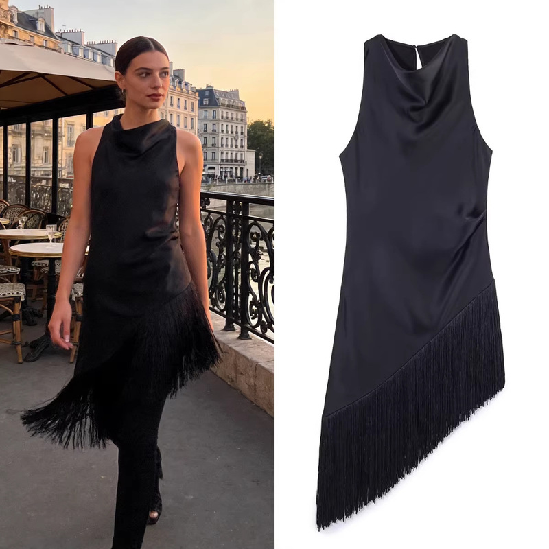 Z Brand Foreign Trade Cross-Border Ready Stock European and American Style Women's Clothing 2026 Spring New Drapey Silk Satin Texture Tassel Long Top