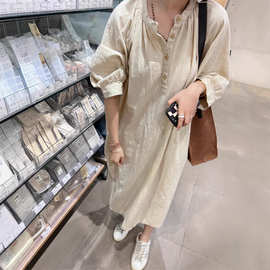 2025夏季新款亚麻木扣复古宽松气质高级设计感休闲连衣裙  6025#
