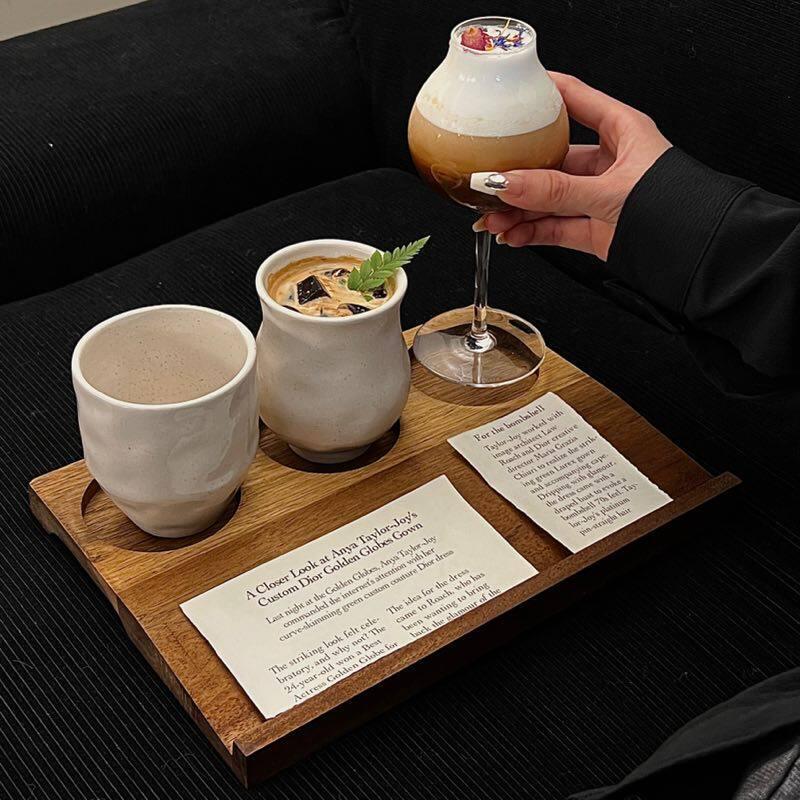 ChubbyCat 3-in-1 Glass Cup with Wooden Tray and Hole, Cold Brew Cup Set, Ceramic Coffee Cup, Latte Cup