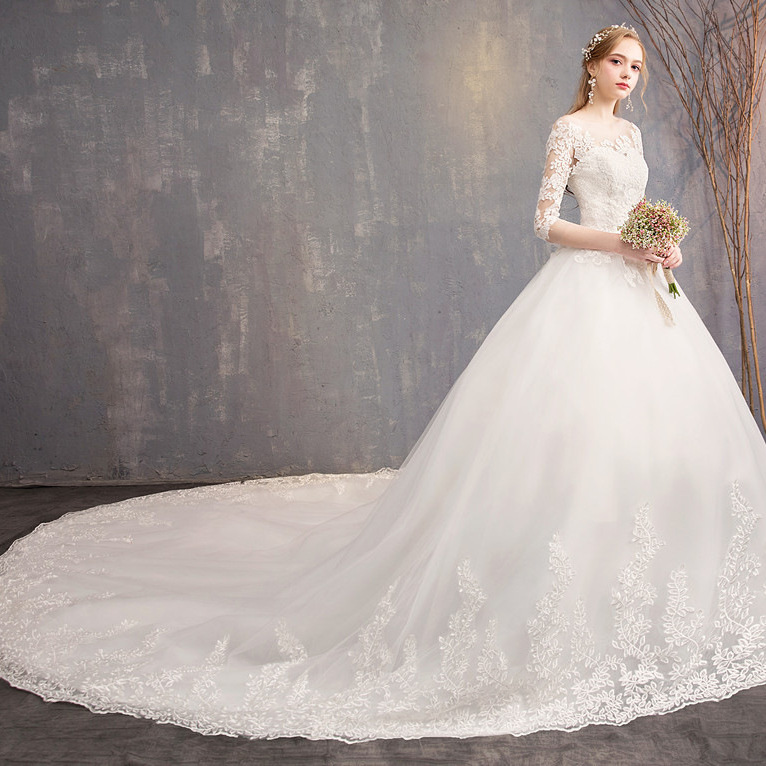 Vestido de novia 2026, nuevo estilo, de encaje, manga media, cola larga, estilo Hepburn, vestido principal de novia, venta al por mayor para exportación TD30.