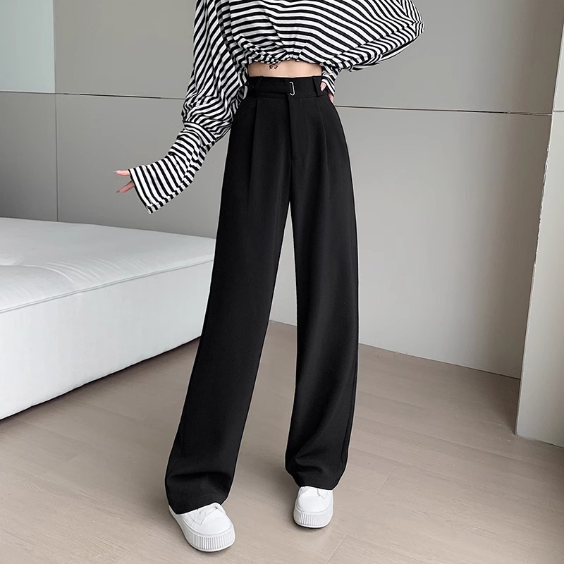 Pantalones de piernas anchas estrechas para mujeres primavera y otoño 2024 nuevo hombre pequeño cintura alta casual pantalones de traje recto de alta sensación