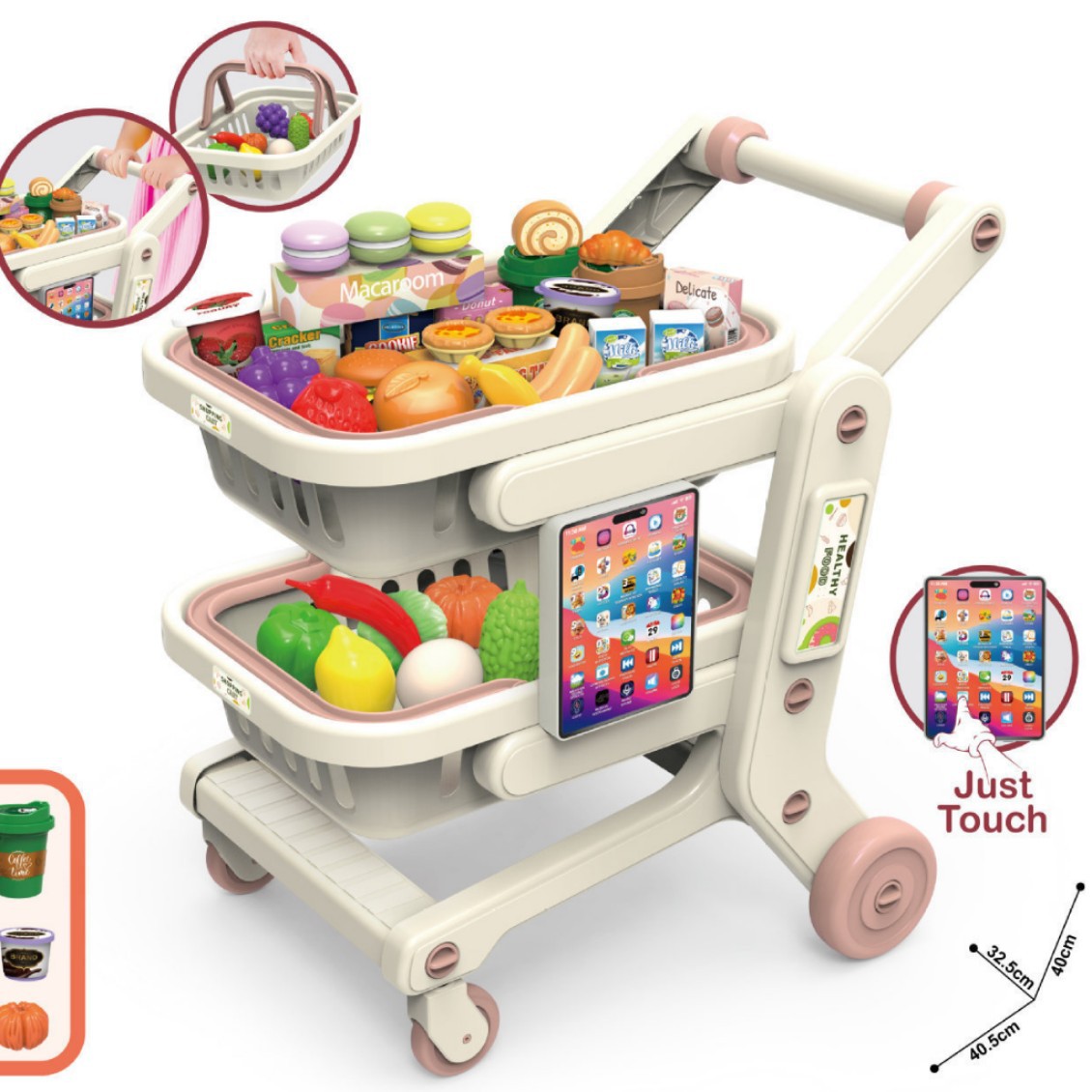 Comercio exterior infantil simulación de supermercado de doble capa de frutas y verduras carro de compras plano a través del juego de juguetes de supermercado