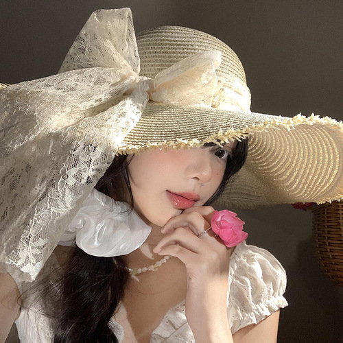 New sun protection high-end straw hat big brim lace bow women's sun hat summer outdoor beach hat