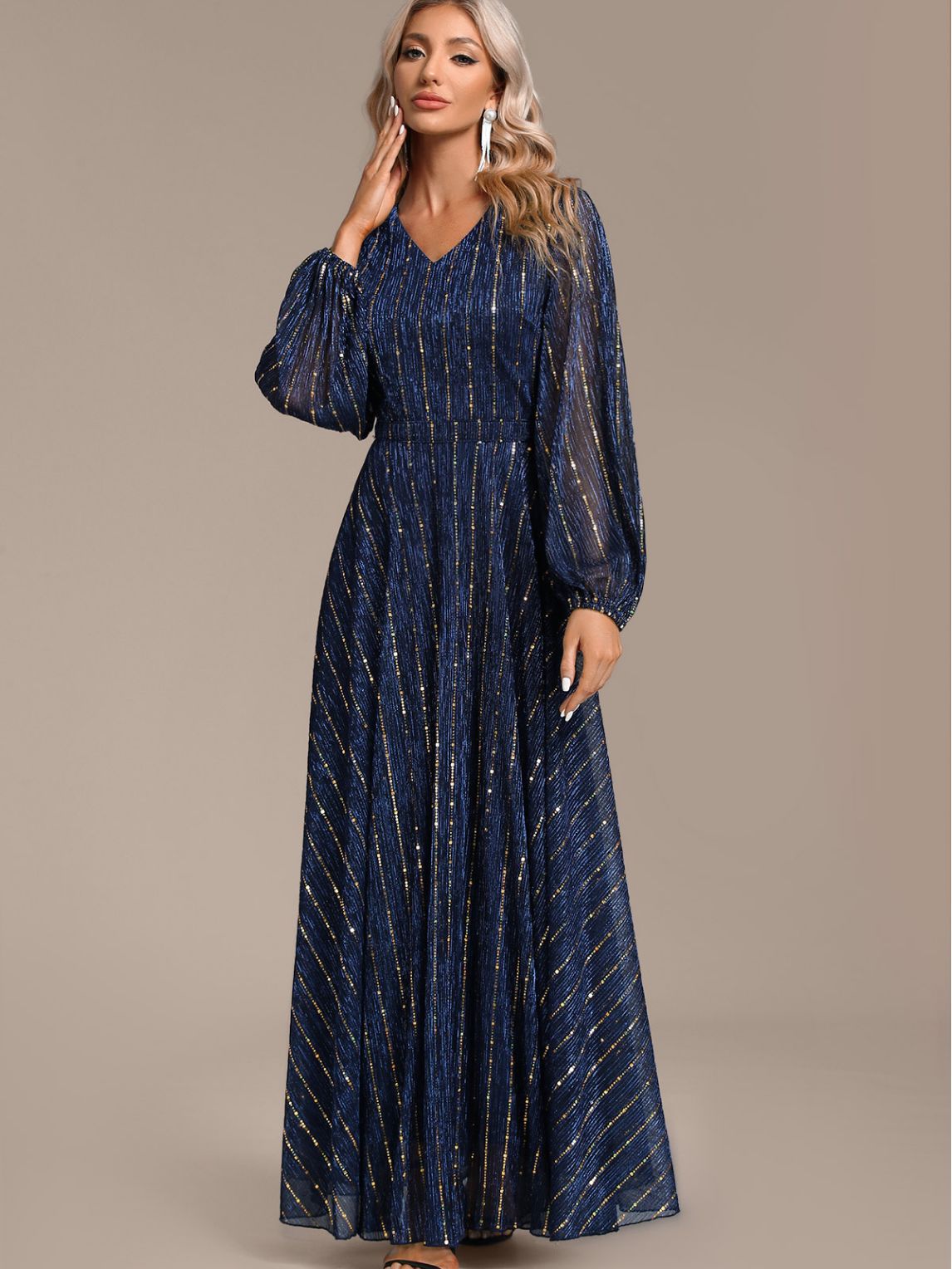 Vestido de lentejuelas de estilo europeo y americano, elegante y moderno, vestido de gala, vestido de noche de manga larga.