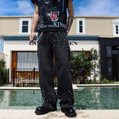 美式潮牌宽松直筒牛仔裤男2025新款秋季时尚钉珠高街阔腿裤子潮