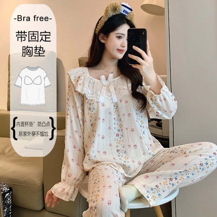 Al por mayor transfronterizo primavera y otoño nuevo pijama de mujer nube de algodón encaje cuello redondo hoodie mangas largas pantalones largos con cojín de pecho ropa para el hogar image 10