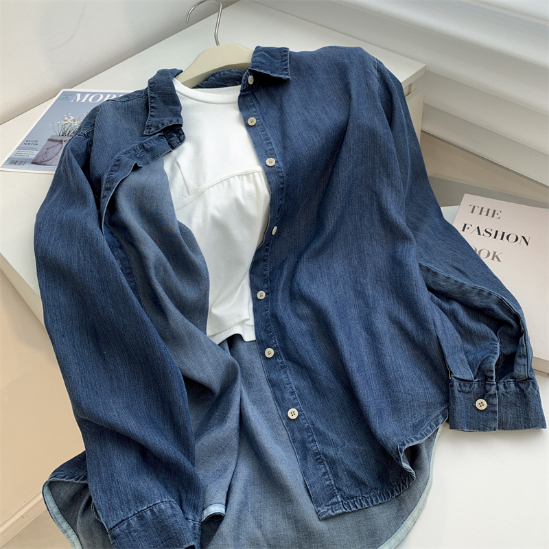 Dark Blue Tencel Denim Shirt Women's Autumn Drape Soft Denim Shirt Jacket Loose Mid-length Top Women