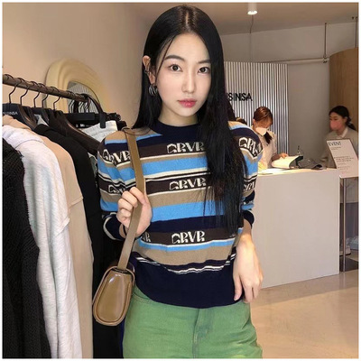 [goods in stock]Dongguk door 2022 Early autumn new pattern Hit color stripe sweater Easy Versatile knitting sweater