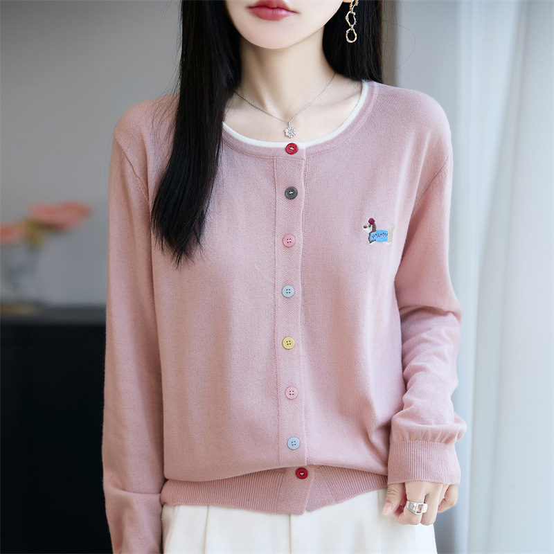 春秋款开衫圆领精纺羊毛针织衫彩扣女装刺绣外搭百搭洋气上衣批发|undefined