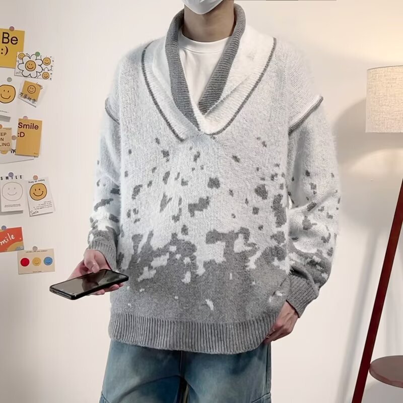 Vintage New Year Holiday Atmosphere V-neck Sweater Men's Trendy Autumn and Winter Imitation Sable Hair Lazy Style Loose Sweater