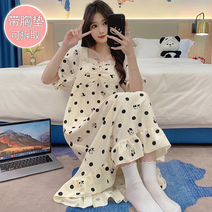 Transfronterizo con cojín de pecho pijama de verano nube de algodón de mangas cortas dulce lindo vestido de pijama primavera y verano ropa para el hogar