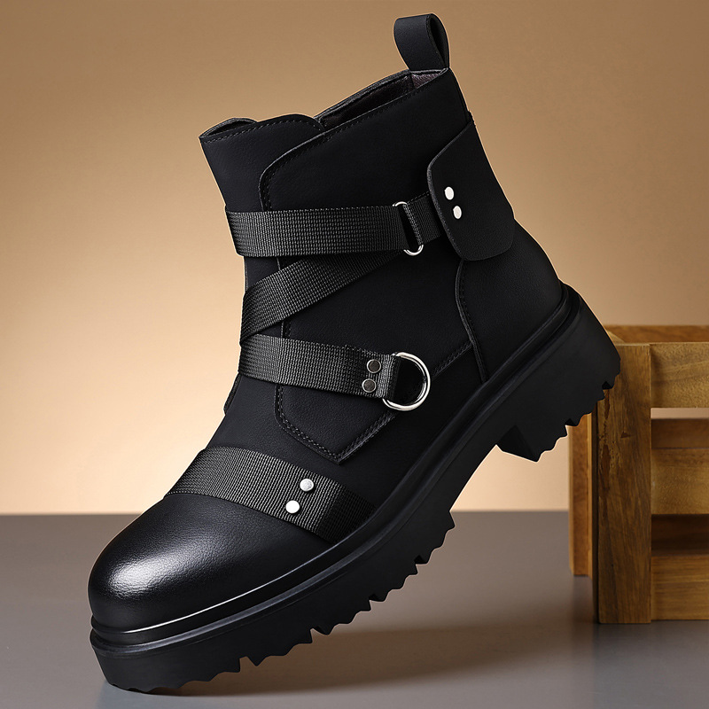 Men's leather boots, large size short boots, men's motorcycle boots, trendy thick-soled height-increasing men's shoes, fashionable knight boots in stock