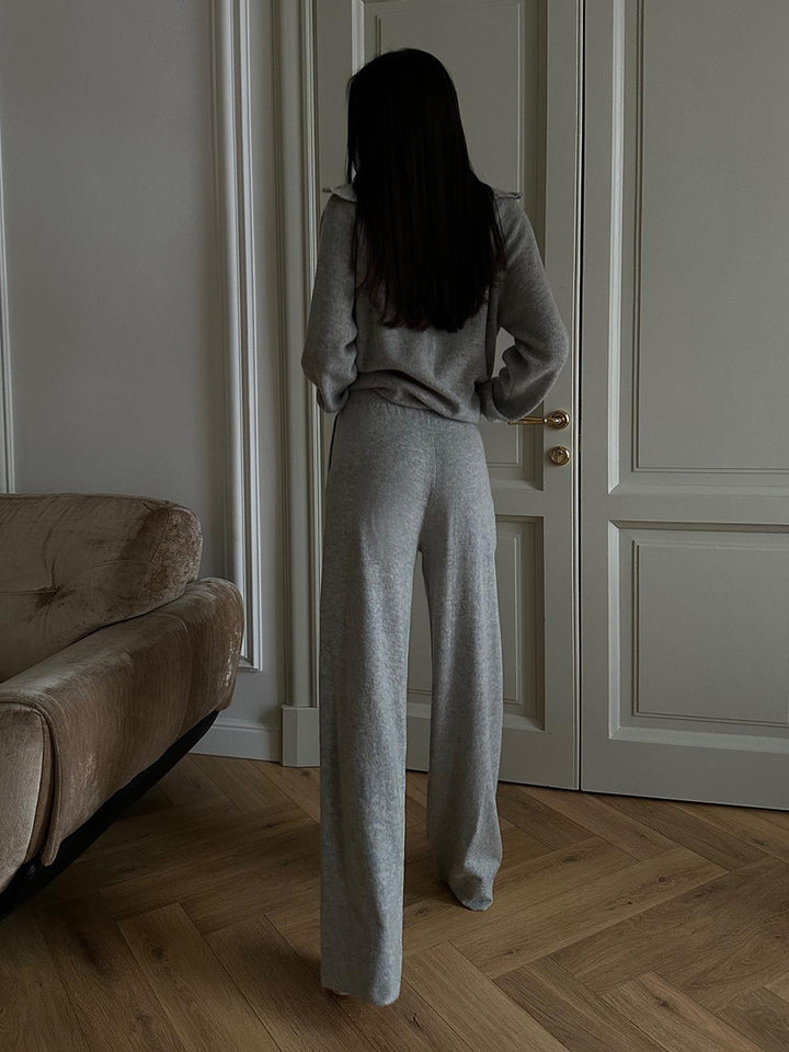 Bộ áo cardigan dệt kim khóa kéo phối quần dài ống rộng nữ — màu bột yến mạch, màu nâu, màu xám, trắng chi tiết 35