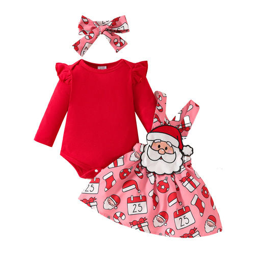 Baby Christmas long-sleeved top strap dress set Santa Grandpa jumpsuit solid color hat dress
