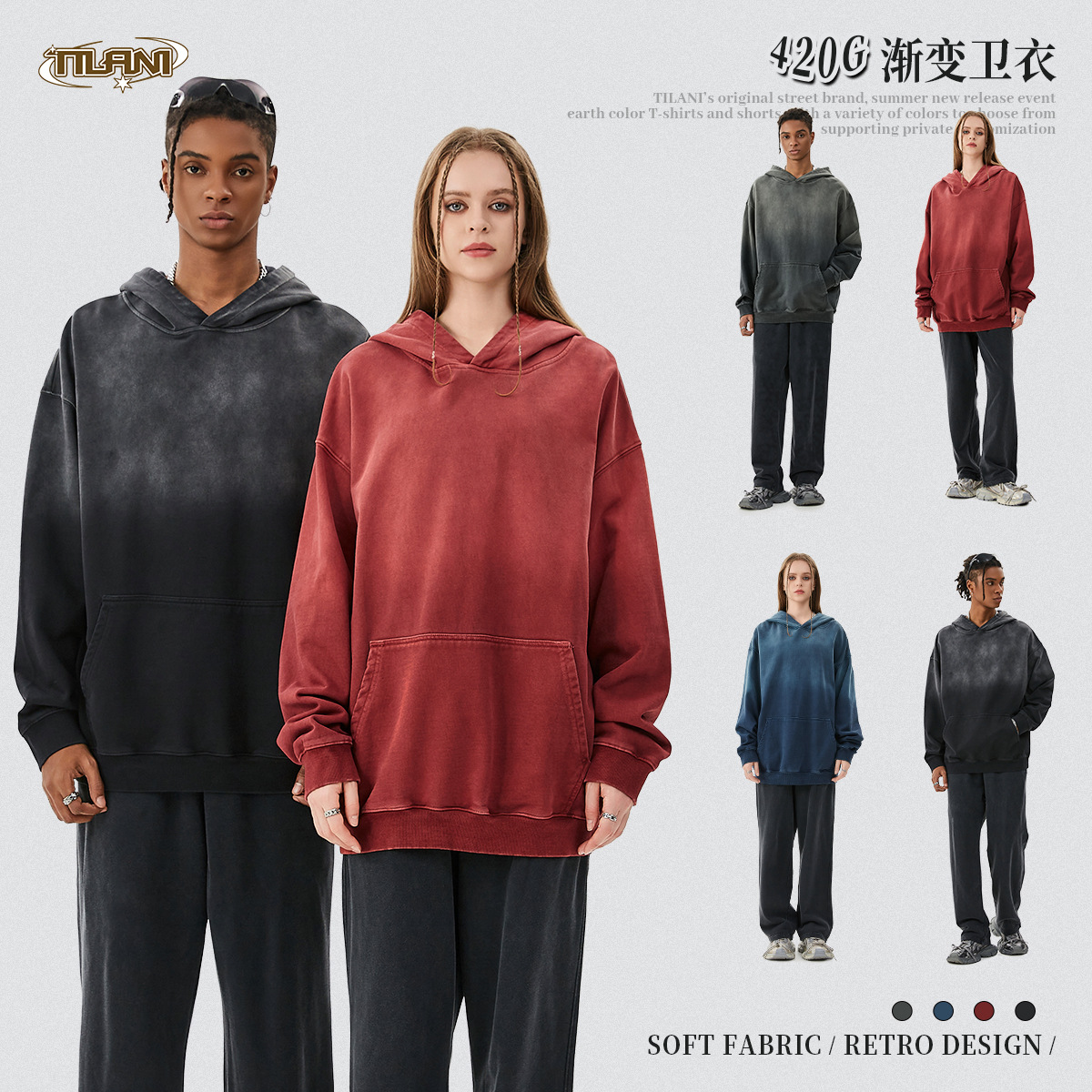 TILANI men's clothing 2025 spring and autumn pure cotton heavy sweatshirt European and American trendy brand spray monkey washing and old hooded jacket