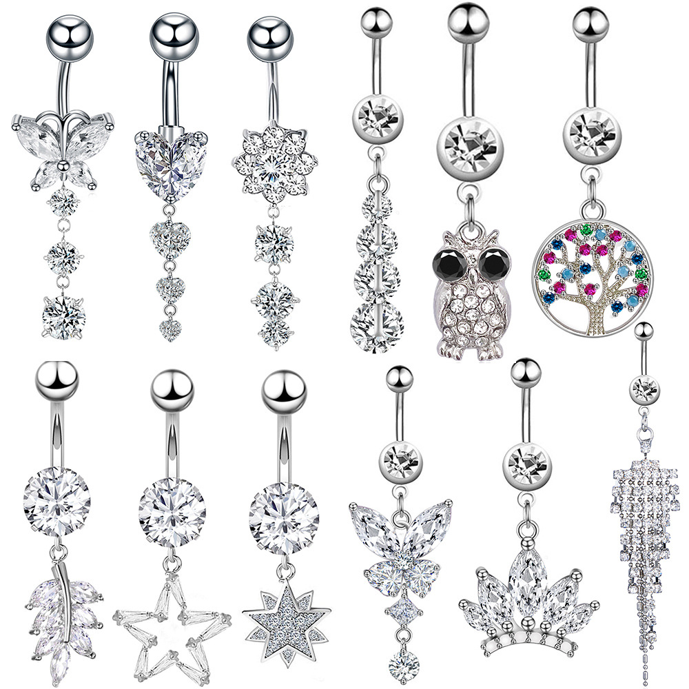 Streetwear Owl Crown Butterfly Stainless Steel Plating Inlay Zircon Belly Ring display picture 1