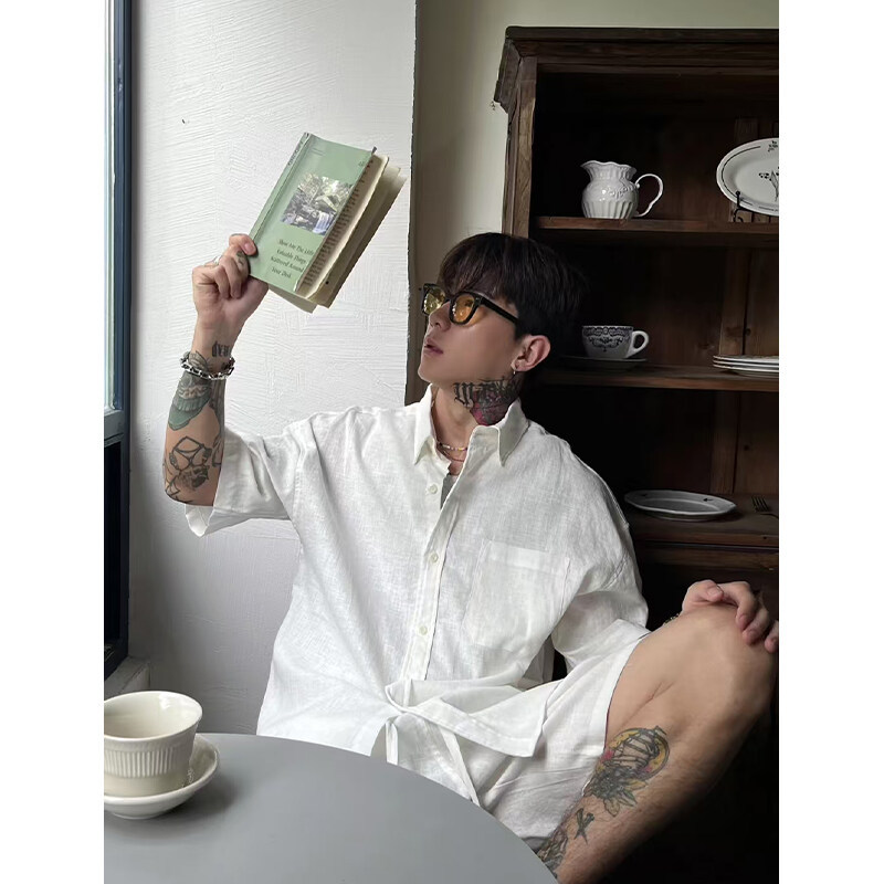 Summer Vintage Old Money Style Short-sleeved Shirt Men's Loose Casual Cotton and Linen T-shirt Top Trendy Solid Color Half-sleeved Shirt