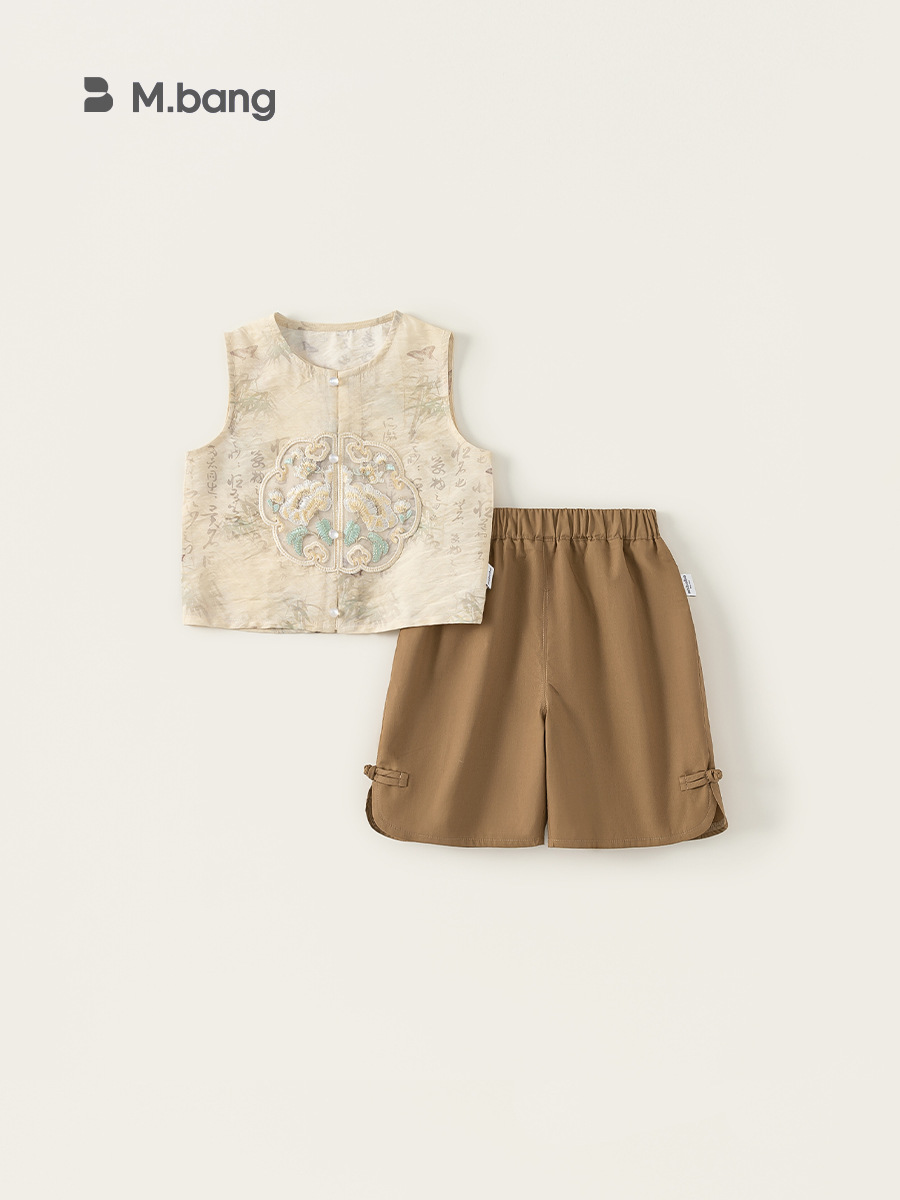 Youbao ropa para niños verano niño estilo nacional bordado chaleco sin mangas color sólido hebilla pantalones cortos de dos piezas nuevo traje chino