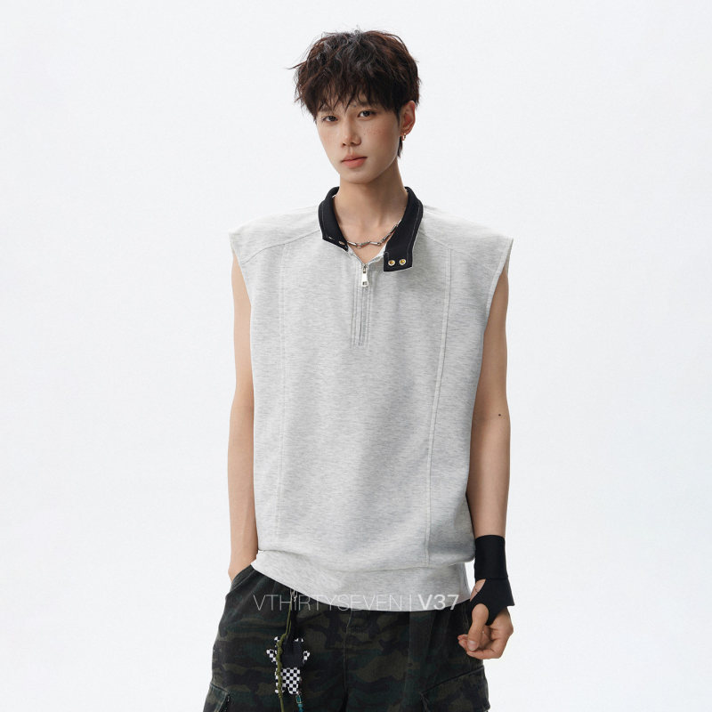 Trendy Brand Half-Zip Stand-Collar Vest for Men, Summer Loose Fit Patchwork Sleeveless T-Shirt with Street-Style Color-Blocking Design Trendy Brand Half-Zip Stand-Collar Vest for Men, Summer Loose Fit Patchwork Sleeveless T-Shirt with Street-Style Color-Blocking Design