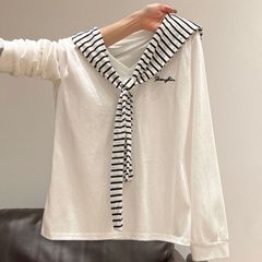 设计感V领披肩字母刺绣长袖T恤女2025秋冬新款宽松显瘦小众上衣潮