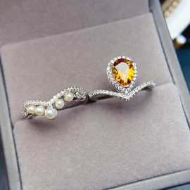 天然S925银黄水晶戒指6*8mm轻奢高级感戒指 新款网红饰品批发