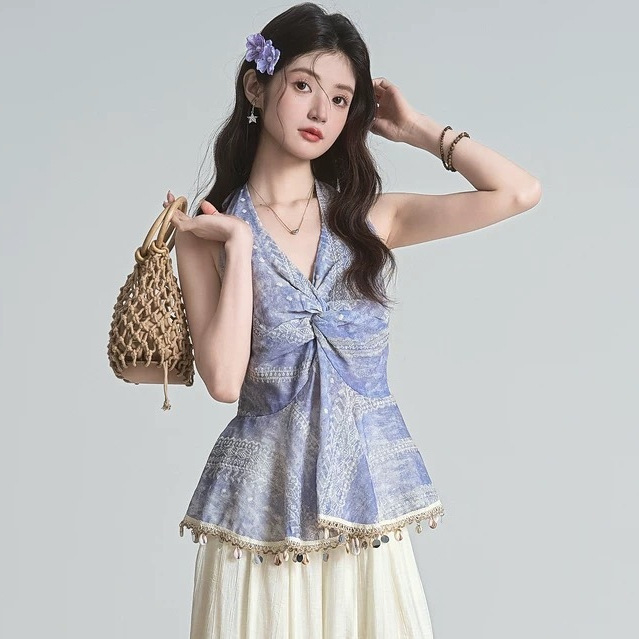 Summer Sexy Mature Style Halter Neck Backless Tie-Up Tassel Twist Top Women's Color-Block Twist Shirt Cross-Border Wholesale Summer Sexy Mature Style Halter Neck Backless Tie-Up Tassel Twist Top Women's Color-Block Twist Shirt Cross-Border Wholesale