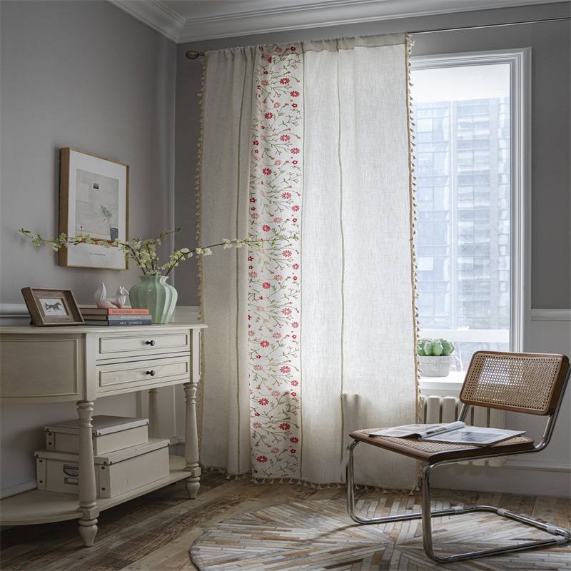 Le Xuan show finished curtain wholesale Amazon Nordic small floral embroidery flower tassel semi-shading bedroom curtain