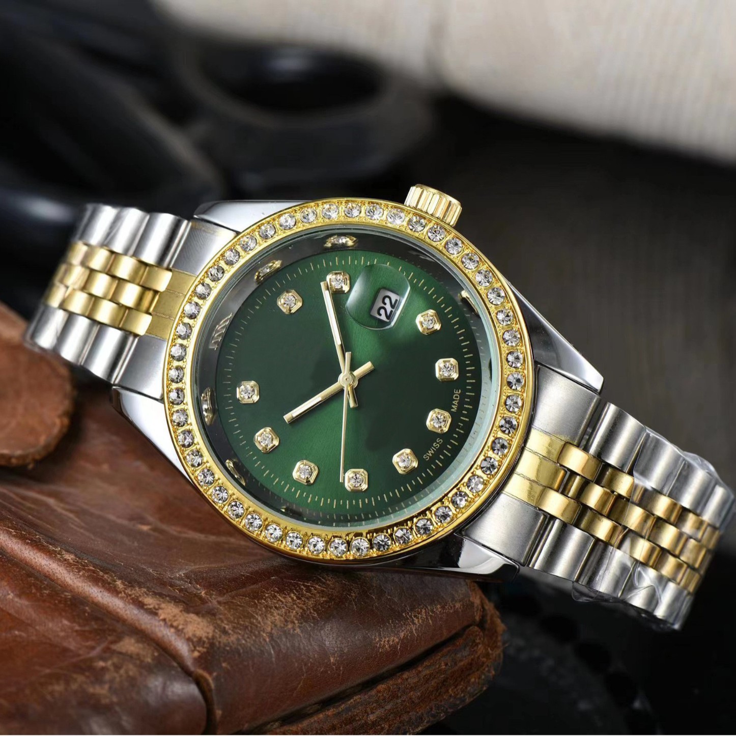 Fashion Watch with Diamond Steel Strap, Non-Automatic Mechanical Men's Watch Brand, Foreign Trade Quartz Calendar Watch