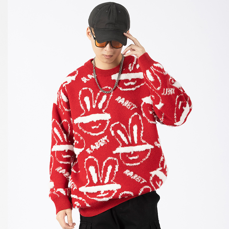 【】New Autumn and Winter Trendy Brand Chinese-Style Red Sweater for Men, Japanese-Style Rabbit Couple Thick Knit Sweater for Women, Round Neck